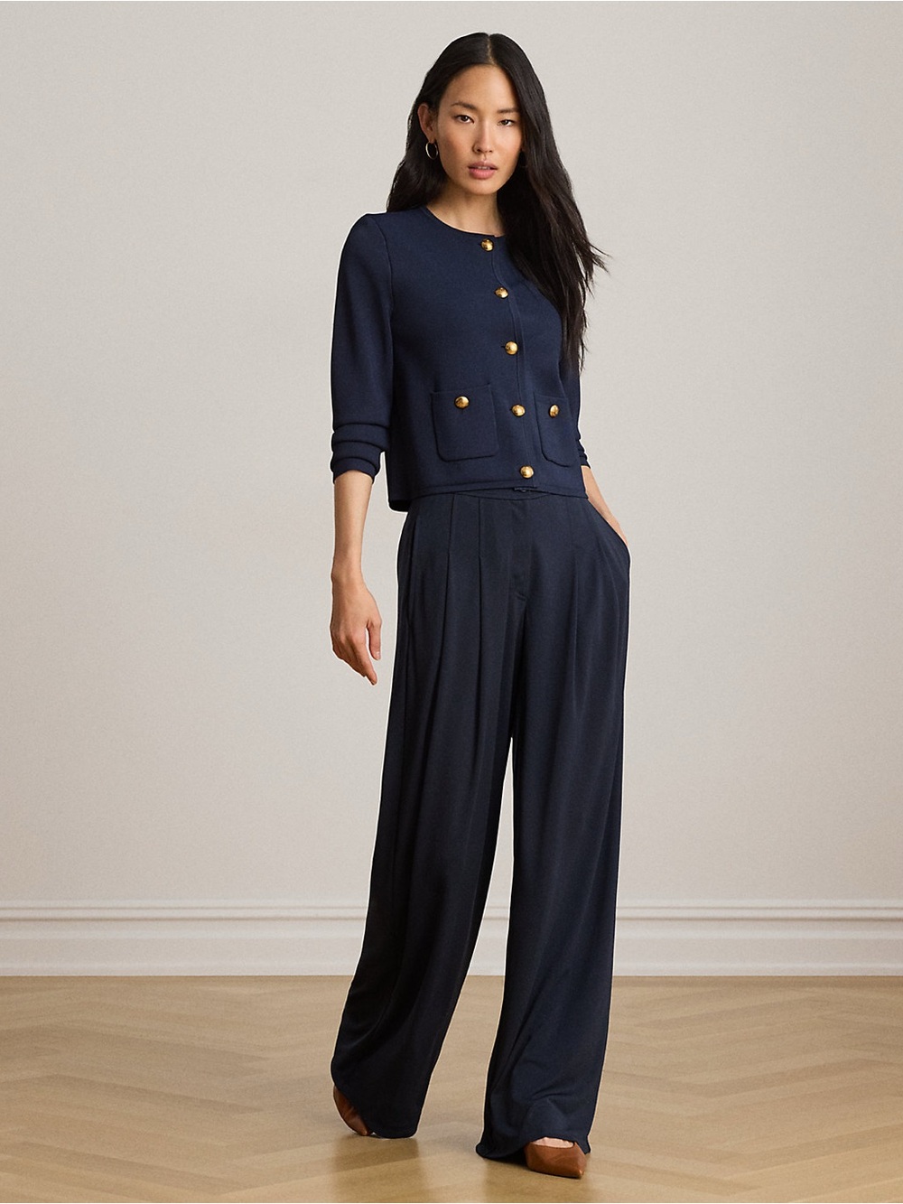 Lauren Ralph Lauren Navy Wide-Leg High-Waist Trousers - Picture 1 of 9